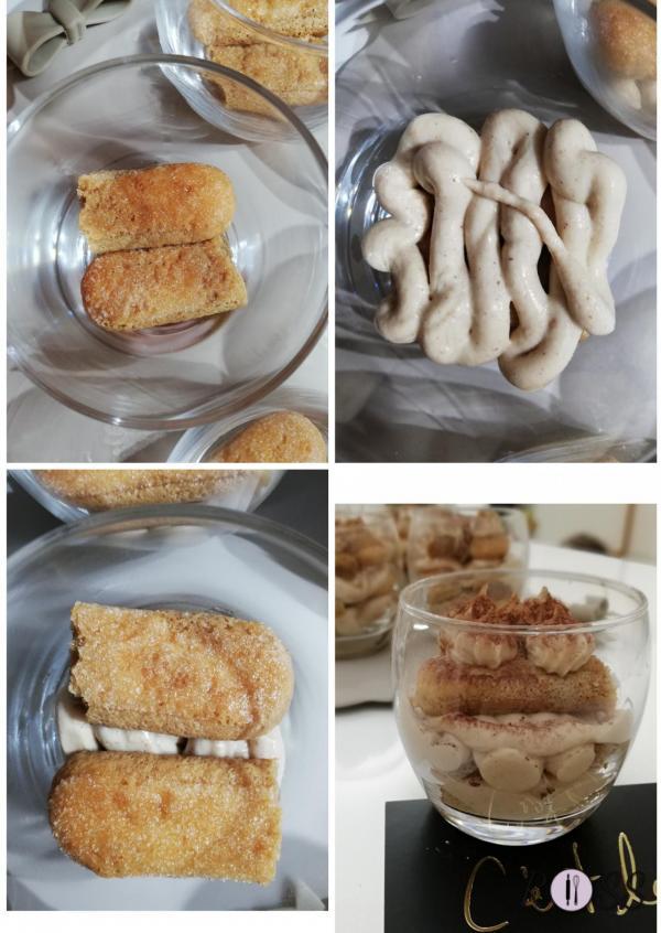 Ponete i savoiardi, inzuppati di caffè amaro, nei bicchieri o in una pirofila di 24 cm di diametro.
Aggiungete la crema.
Create un altro strato di savoiardi bagnati con il caffè e concludete con la crema. (Vi consiglio di creare tre strati).
Fate riposare in frigo per un’oretta.
