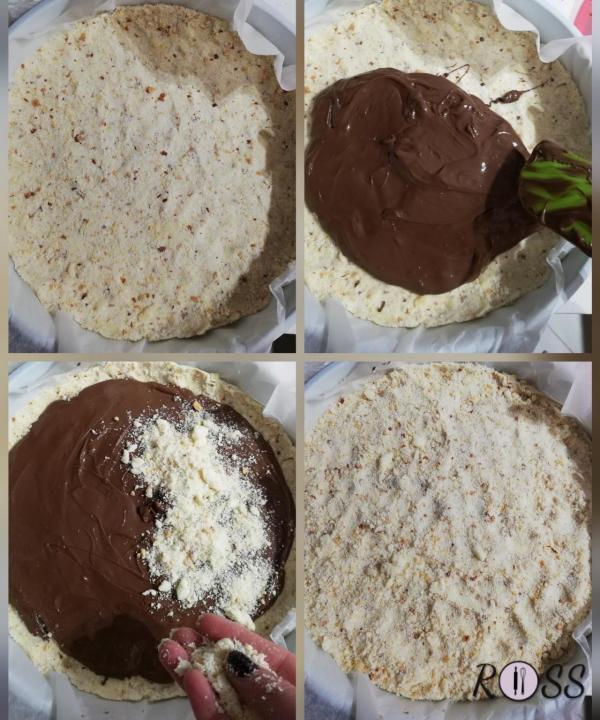 Ricoprite con carta da forno una teglia di 24cm e versare al suo interno metà del composto disponendolo in maniera uniforme su tutta la base, schiacciandolo con le mani e creando uno strato alto 1cm.
Far sciogliere la nutella a bagnomaria e versarla su tutta la base.
Ricoprire la torta sbriciolata con il restante impasto.
Cuocere la sbriciolata alla nutella a 180° per 25 minuti. Lasciarla intiepidire prima di toglierla dallo stampo e servire.