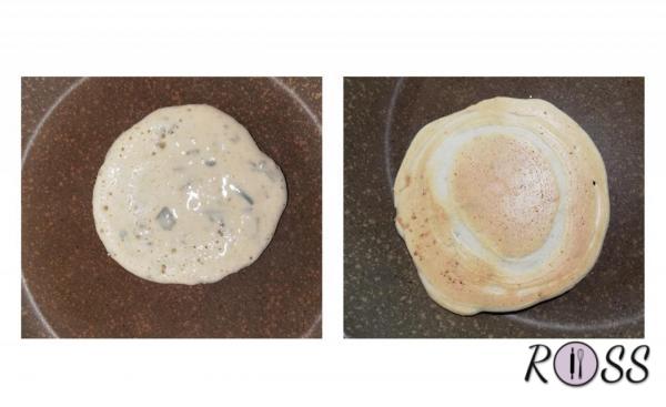 Prendete una padella antiaderente, riscaldata. Quando i sarà ben calda, aggiungete due cucchiai di impasto e cuocete 1 minuto per lato 